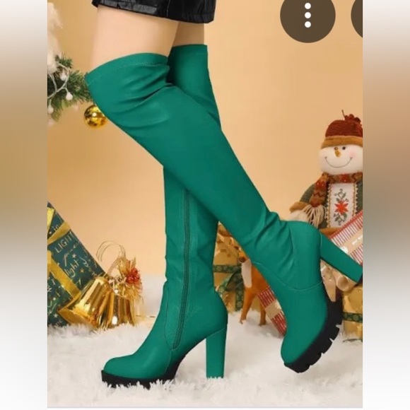 Green High Heel Over-the-Knee Boots - Picture 2 of 7